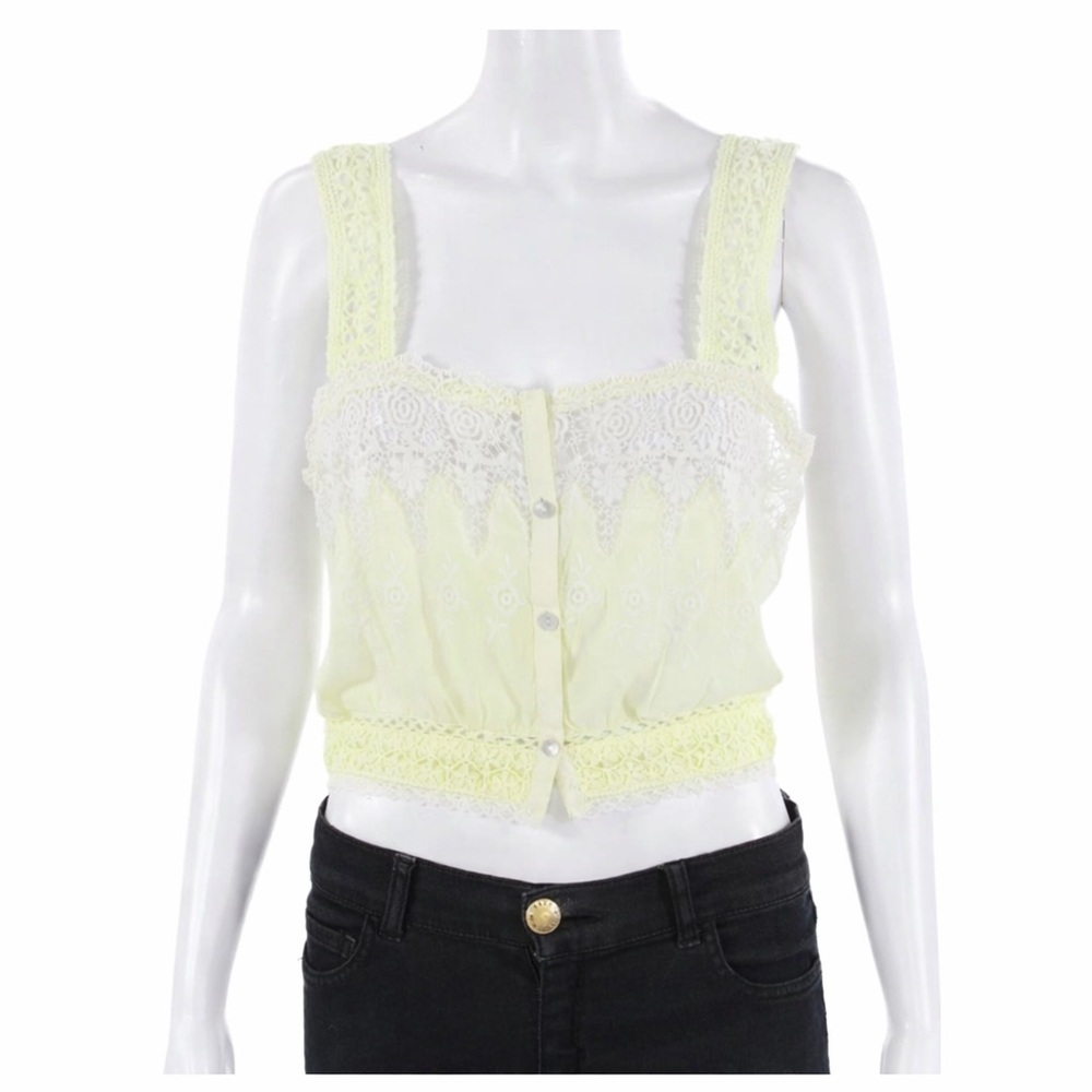 Love Shack Fancy Women Yellow Cropped Camisole Button-Up Square Neck Size S